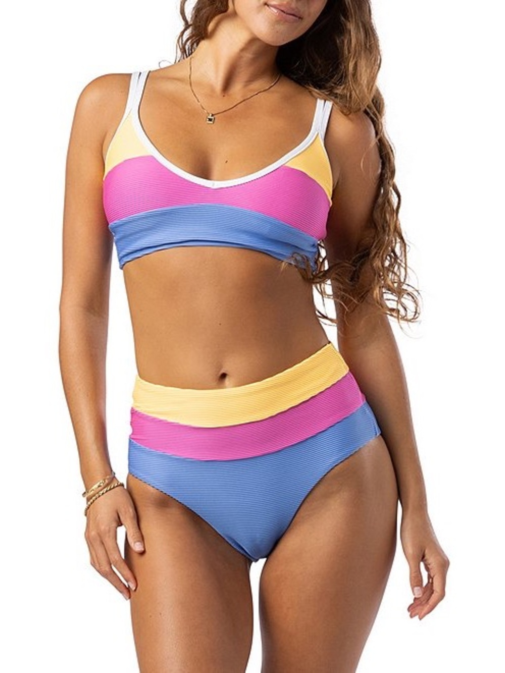 NWT Rip Curl Ribbed Colorblock High Waist Bikini Bottoms - Blue/Pink/Yellow XL